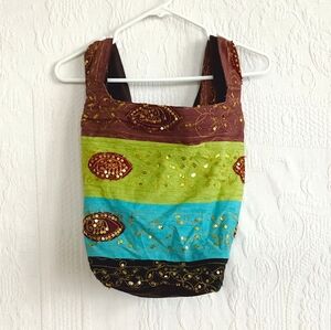 Artisan Embroidered Boho Satchel Long Strap Purse Brown Blue Green Sequins Party